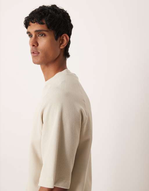 ASOS DESIGN Premium oversized textured rib raglan t-shirt in stone, 4 of 5