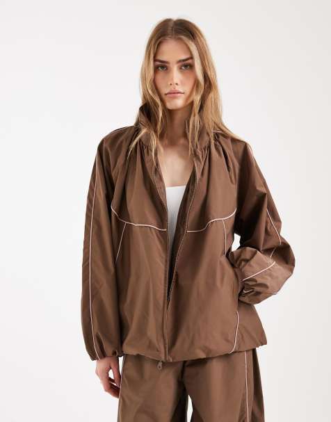 ASOS DESIGN premium oversized track jacket in brown and pink - part of a set - view 1