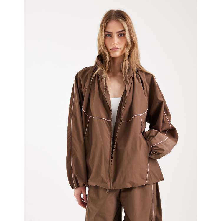 ASOS DESIGN premium oversized track jacket in brown and pink