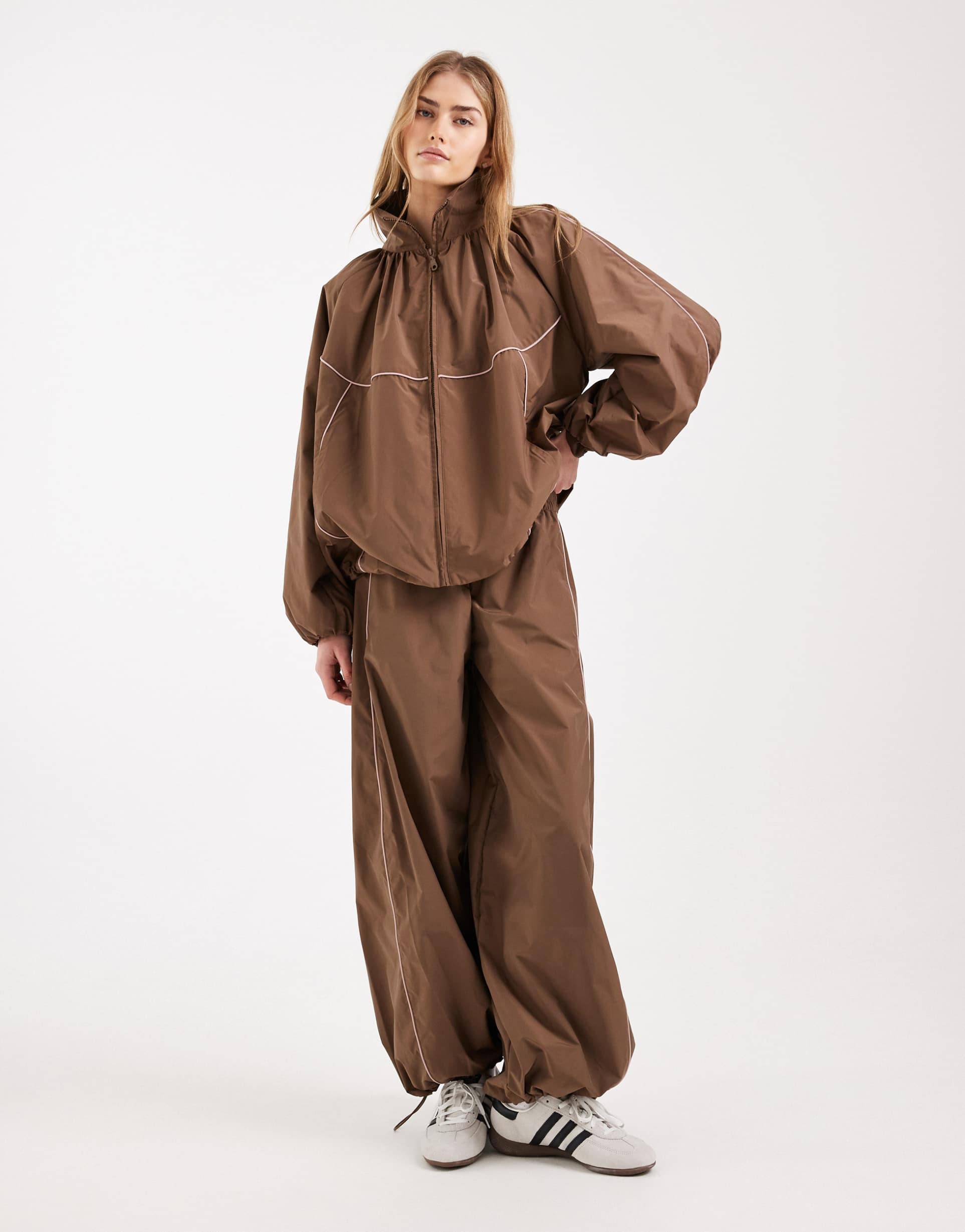 asos design premium oversized track pants in brown and pink - part of a set