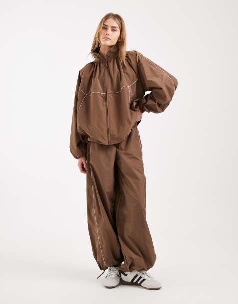 ASOS DESIGN premium oversized track trouser co-ord in brown and pink - view 1