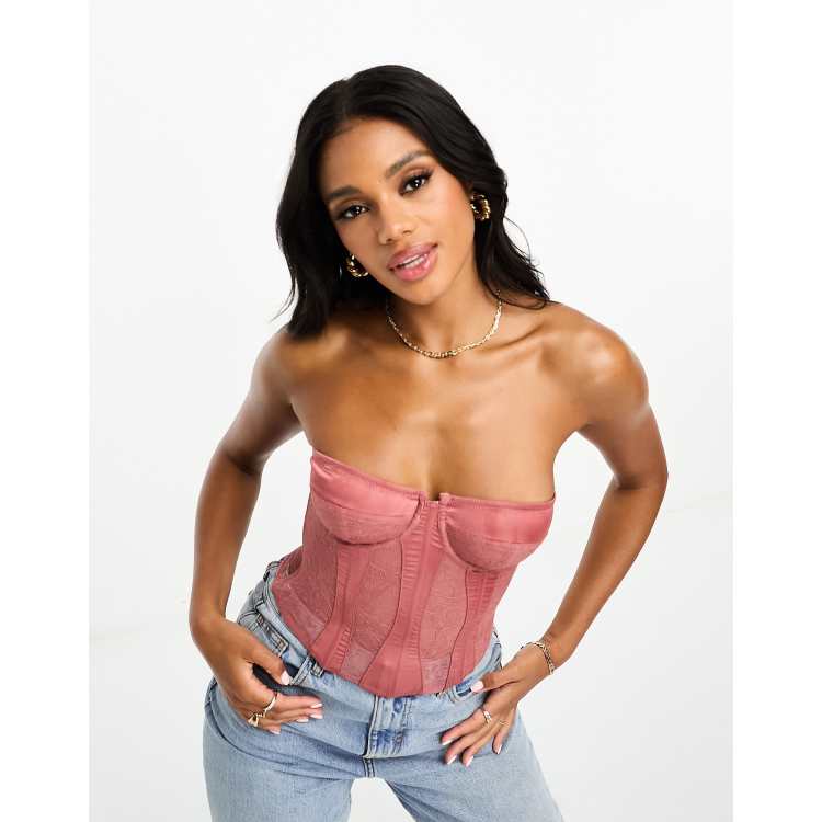 Floral Printed Bustier Back Clasp Lace Trim Half Cup Bodysuit - Milanoo.com