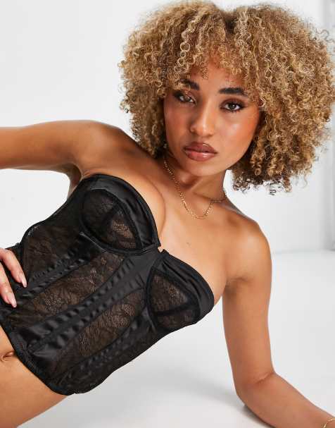 ASOS DESIGN Premium panelled satin and lace corset in black - view 1
