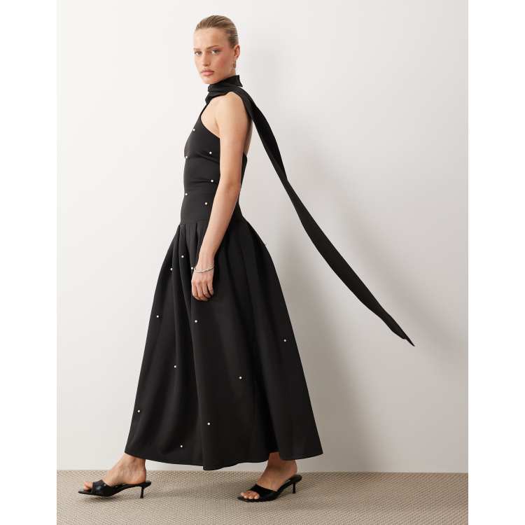 asos design pearl embellished satin maxi dress in ice blue Asos Design Pearl Embellished Satin Maxi Dress in Ice Blue