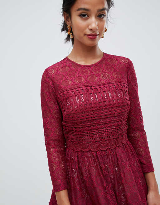 Asos design premium lace mini skater 2025 dress with long sleeves