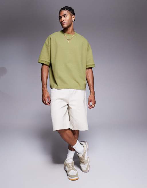 ASOS DESIGN premium pique oversized boxy t-shirt in khaki green, 4 of 4
