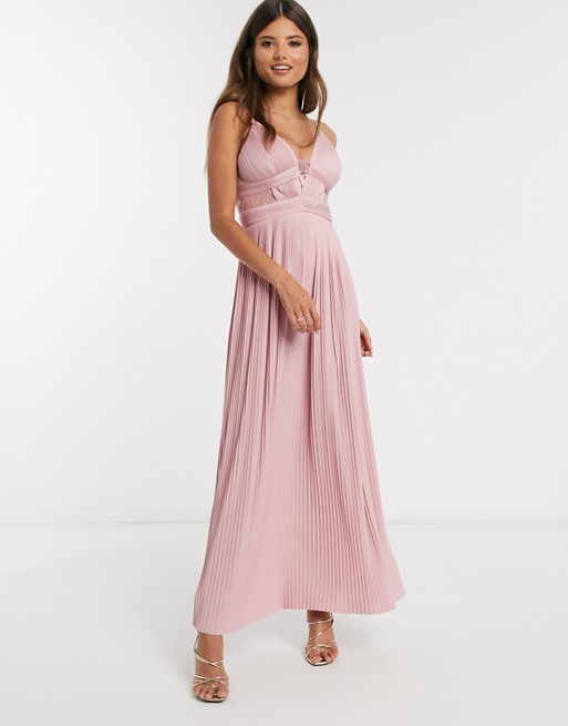 ASOS DESIGN premium pleat cup detail lace insert cami maxi dress in soft pink
