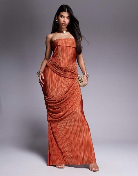 ASOS DESIGN premium plisse bandeau maxi dress with draped panels in rust - view 1