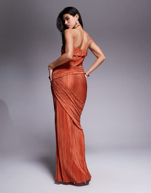 ASOS DESIGN Premium plisse bandeau maxi dress with draped panels in rust , 3 of 4