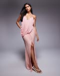 [ASOS DESIGN] ASOS DESIGN premium plisse drape maxi dress with cross strap neckline in light pink 8 pink