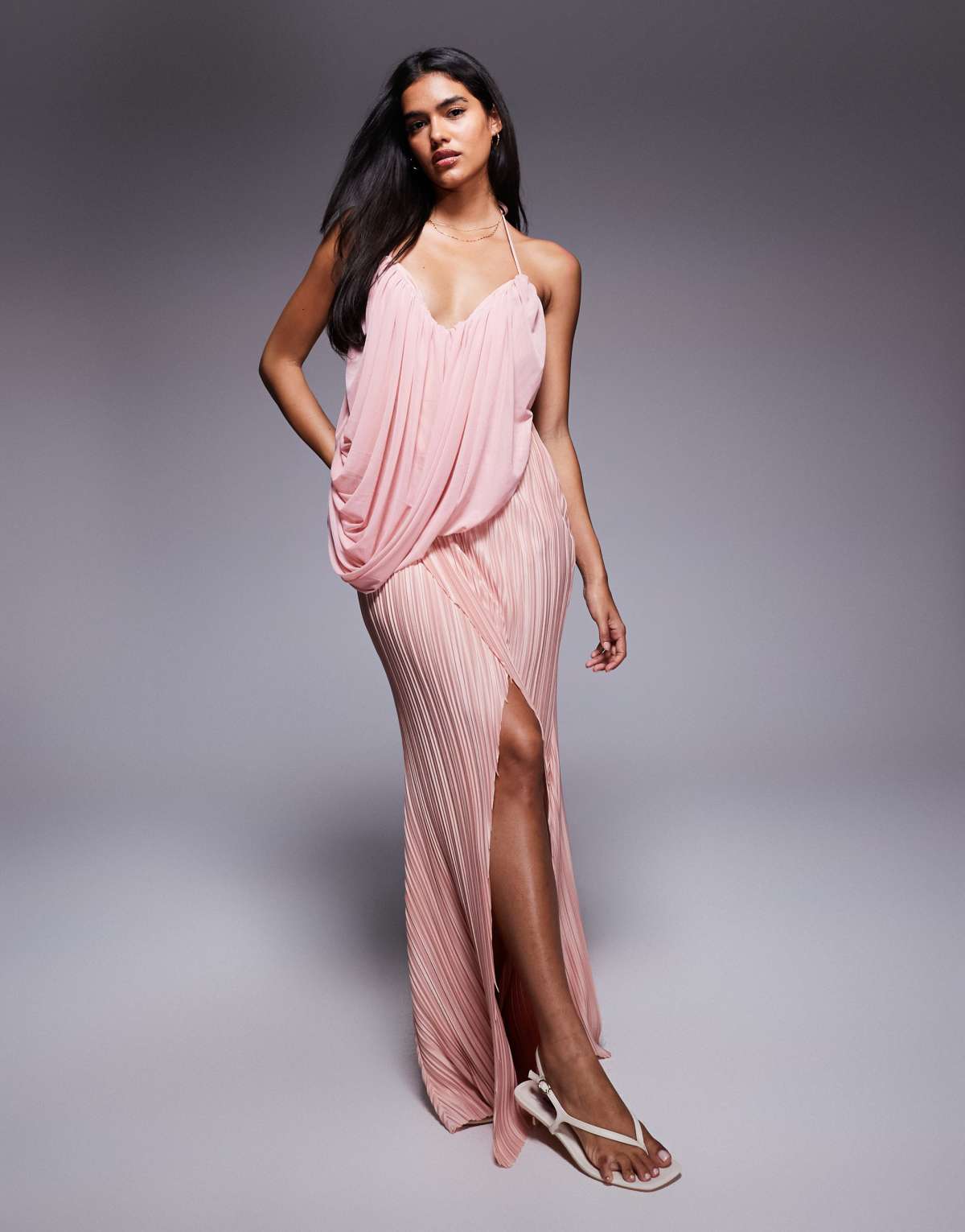 ASOS DESIGN premium plisse drape maxi dress with cross strap neckline in light pink