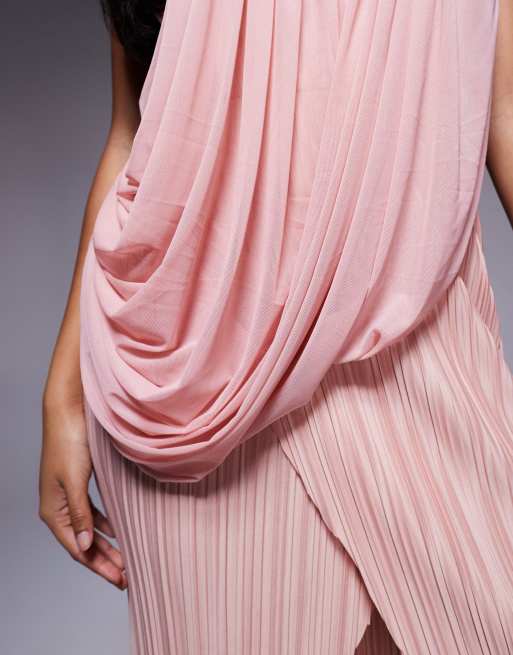 ASOS DESIGN premium plisse drape maxi dress with cross strap neckline in light pink
