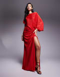 [ASOS DESIGN] ASOS DESIGN premium plisse fallen drape maxi dress with ruching in red 10 Red
