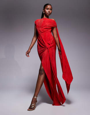 Asos Design Premium Plisse Multi Knot Detail Maxi Dress With High Split-red