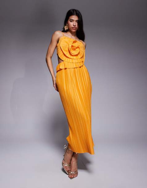 ASOS DESIGN premium plisse oversize corsage bust midi dress in apricot - view 1