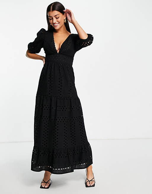 ASOS DESIGN Premium plunge broderie tiered midi dress with button neck in black