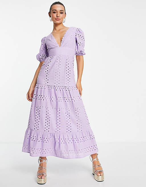 Premium plunge eyelet tiered midi dress with button neck in lilac Asos Women Clothing Dresses V-Neck Dresses 