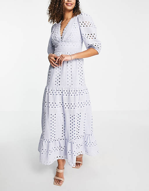  Premium plunge broderie tiered midi dress with button neck with blue 