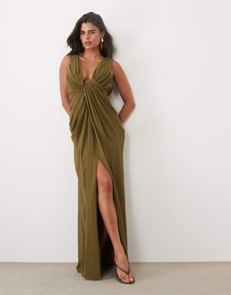 ASOS DESIGN premium plunge draped midaxi dress in olive green - view 1
