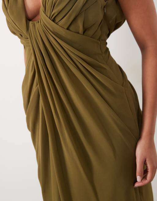 ASOS DESIGN premium plunge draped midaxi dress in olive green, 2 of 4