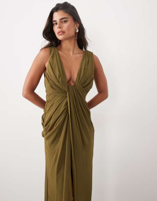 ASOS DESIGN premium plunge draped midaxi dress in olive green, 3 of 4