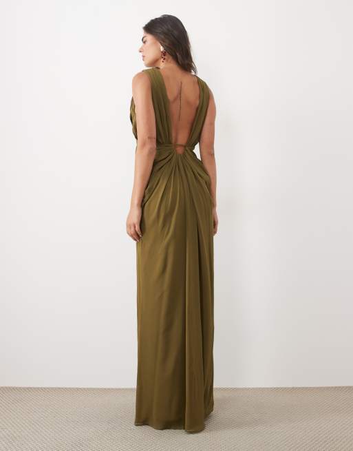 ASOS DESIGN premium plunge draped midaxi dress in olive green, 4 of 4