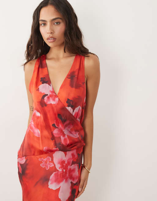ASOS DESIGN Premium plunge modal satin maxi dress in red floral, 3 of 4