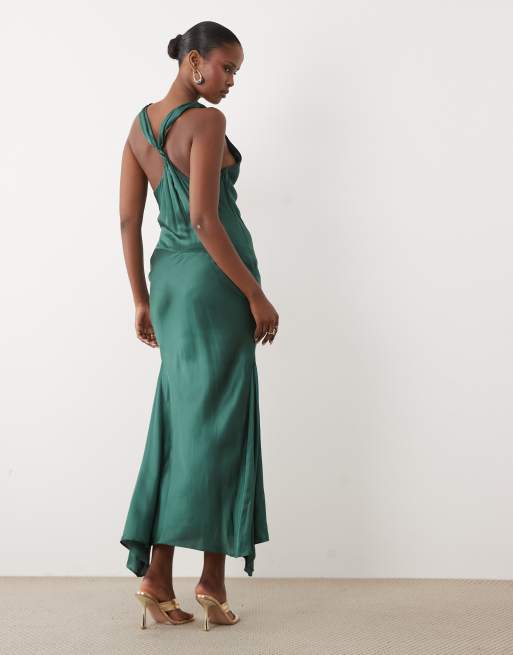 ASOS DESIGN Premium plunge modal satin maxi dress in teal, 3 of 4
