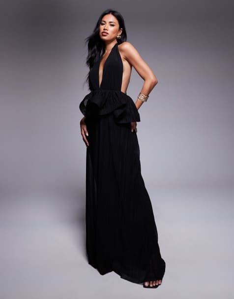 ASOS DESIGN Premium plunge plisse maxi dress with wired trim peplum in black - view 1