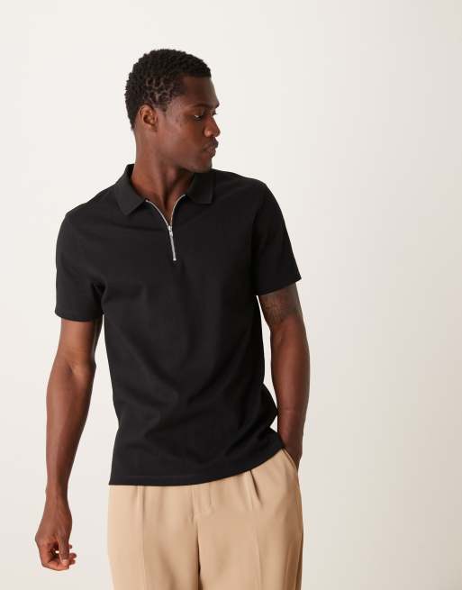 ASOS DESIGN - Premium - Polo van zware stof met rits in zwart