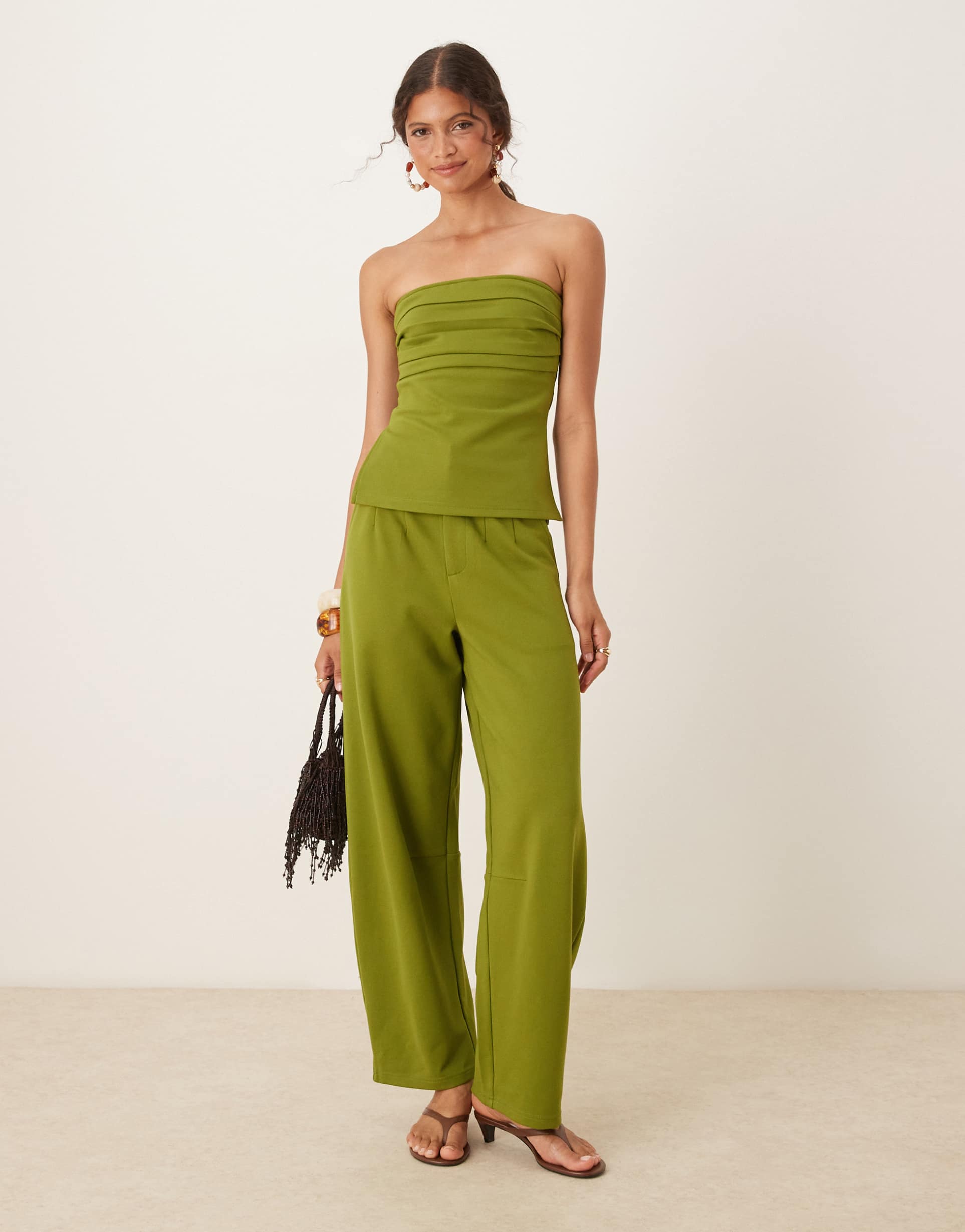 asos design premium ponte barrel leg pants in khaki - part of a set