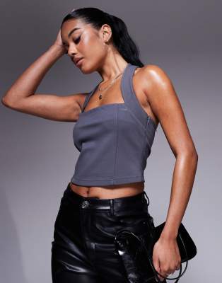 premium ponte halter neck top in charcoal-Gray