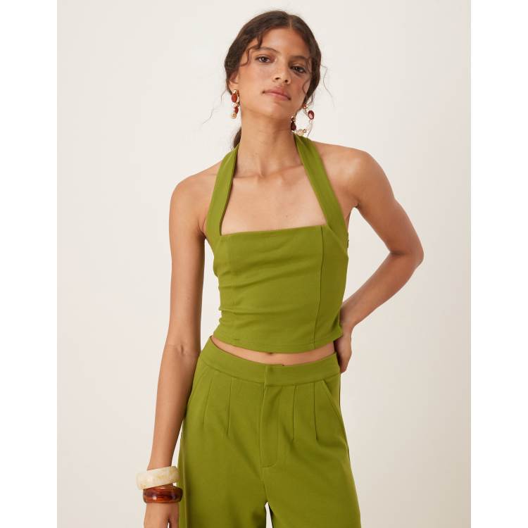 ASOS DESIGN premium ponte halter neck top in olive green | ASOS