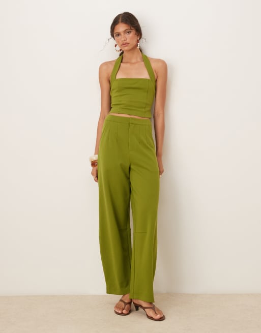 ASOS DESIGN premium ponte halter neck top in olive green, 3 of 4
