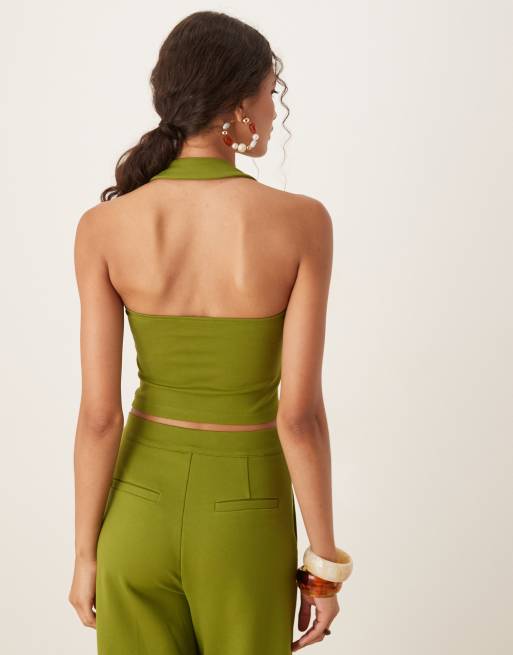 ASOS DESIGN premium ponte halter neck top in olive green, 4 of 4