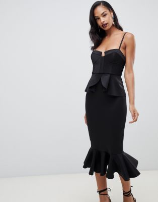 asos design one shoulder pephem midi bodycon dress