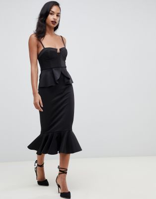 asos design one shoulder pephem midi bodycon dress