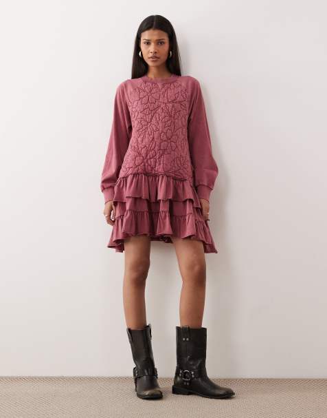 ASOS DESIGN premium quilted sweat mini dress in deep rose - view 1