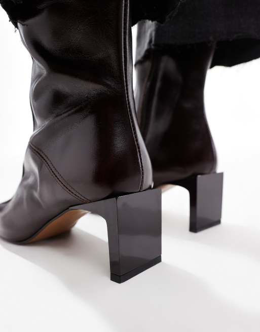 ASOS DESIGN Raine premium square toe mid-heel boots in burgundy leather