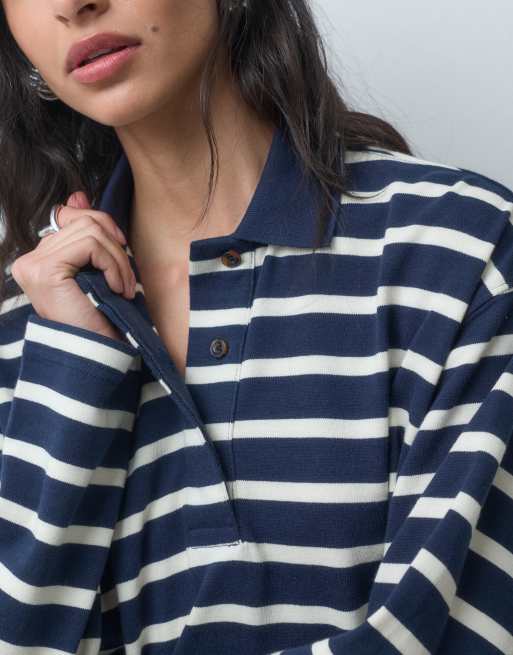 ASOS DESIGN premium randig topp med rugbykrage och långa ärmar i marinblått, 2 av 4