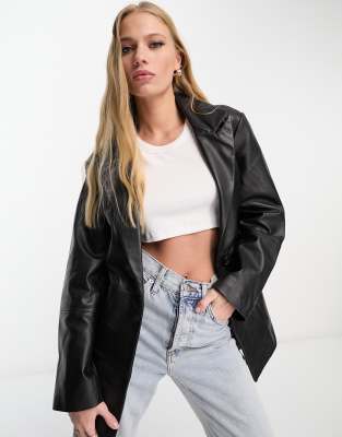 Asos Design Premium Real Leather Belted Mum Jacket In Black