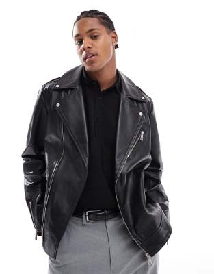 ASOS DESIGN Premium real leather biker jacket in black