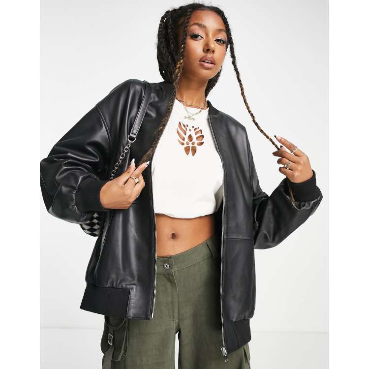 ASOS Design Leather Bomber Jacket in Black at Nordstrom, Size Medium