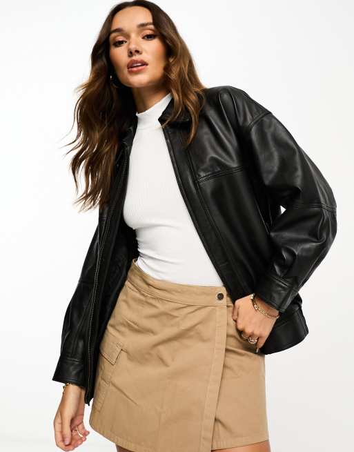 ASOS DESIGN faux leather oversized bomber jacket in black