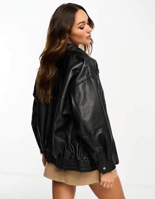 ASOS Premium Leather Oversized Biker Jacket With Chain Detail in