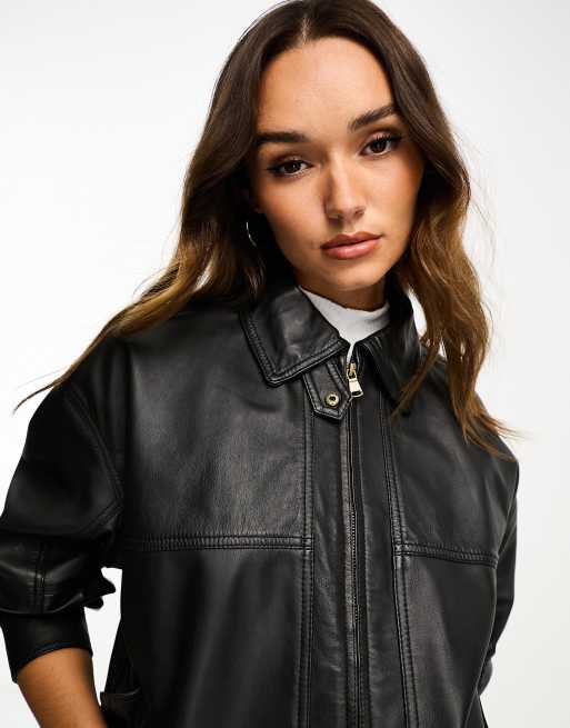 Asos design leather on sale bomber jacket in black