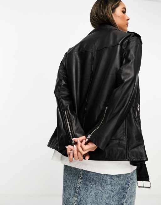 ASOS DESIGN washed premium real leather biker jacket in grey