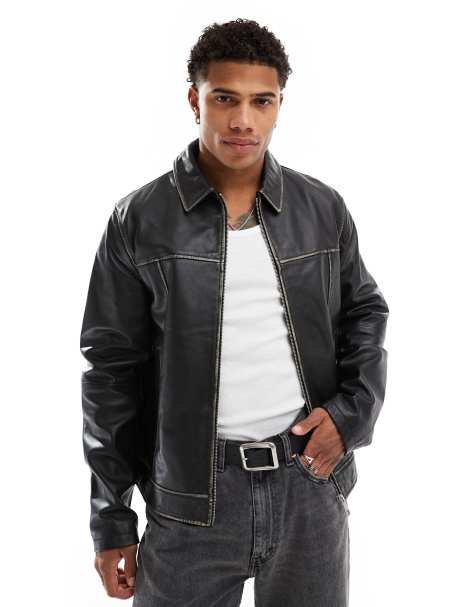 ASOS DESIGN Premium real leather distressed harrington jacket in black - view 1