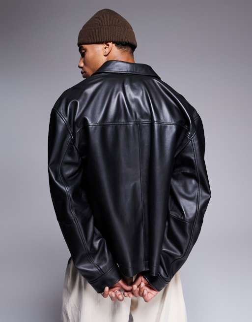 ASOS DESIGN Premium real leather harrington jacket in black - BLACK, 3 of 4