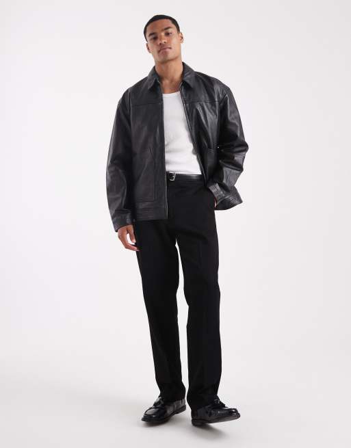 ASOS DESIGN Premium real leather harrington jacket in black - BLACK, 2 of 5